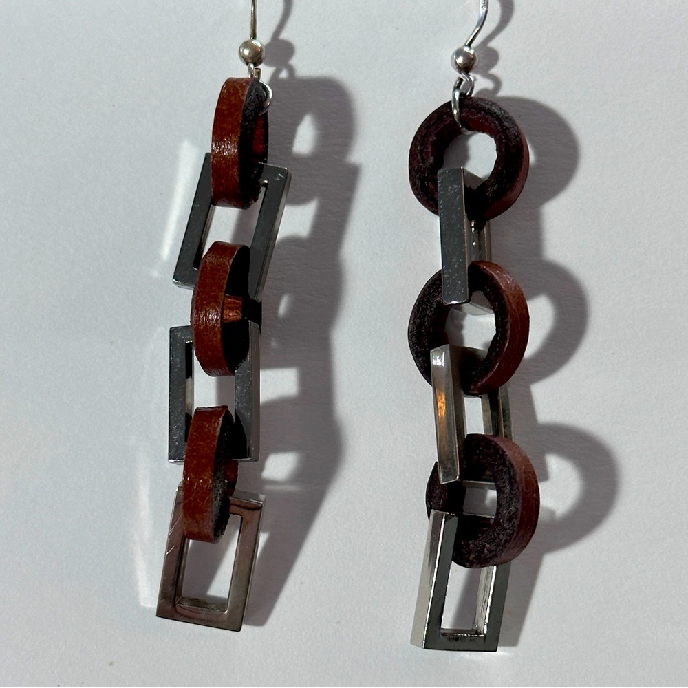 Vintage Leather Chain Link Dangle Earrings